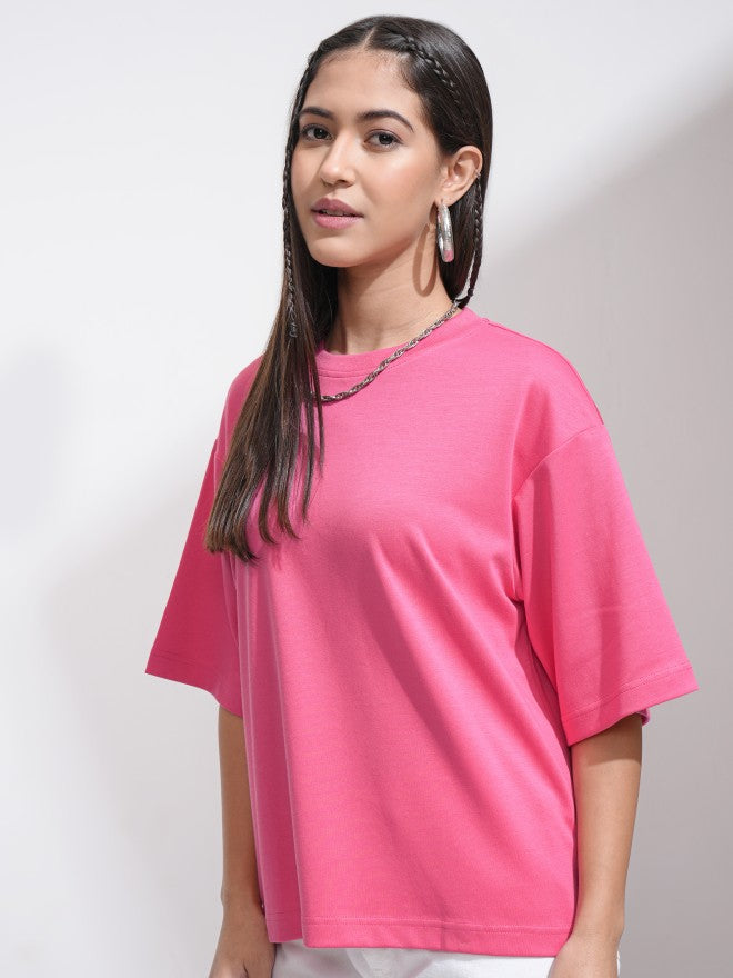 Tokyo Talkies Women Pink Solid Round Neck T-Shirt - Pink - Image 4