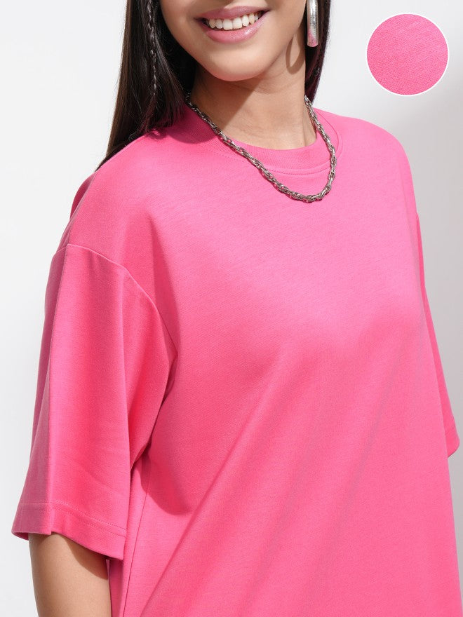 Tokyo Talkies Women Pink Solid Round Neck T-Shirt - Pink - Image 5
