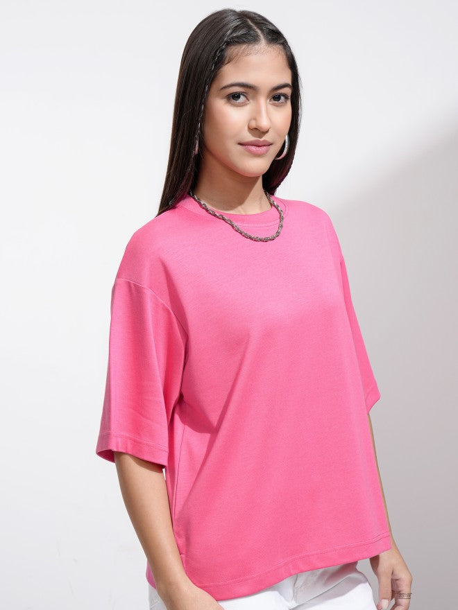 Tokyo Talkies Women Pink Solid Round Neck T-Shirt - Pink - Image 6
