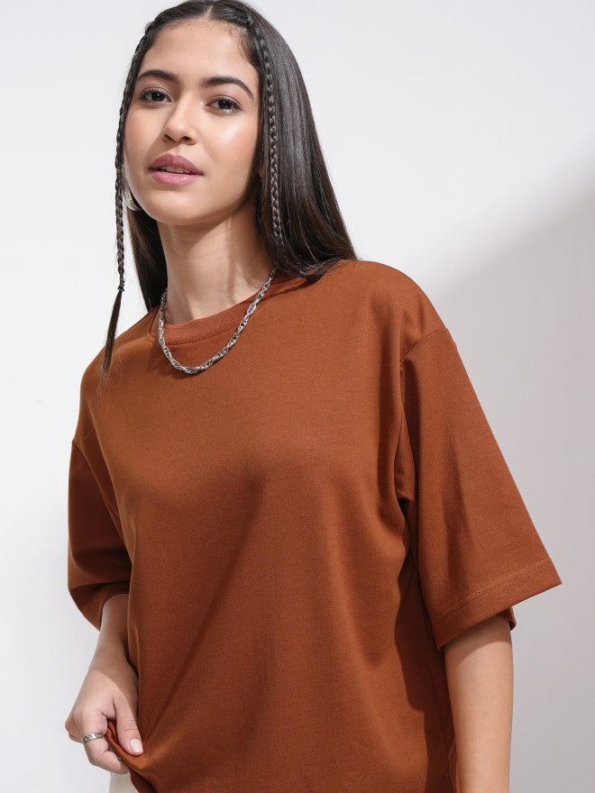 Tokyo Talkies Women Brown Solid Round Neck T-Shirt - Brown - Image 1