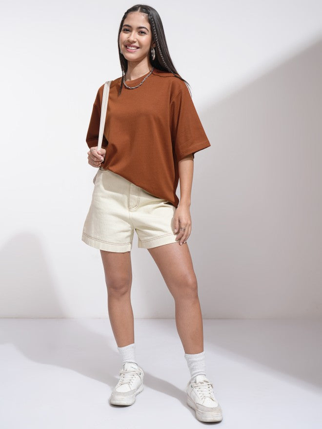 Tokyo Talkies Women Brown Solid Round Neck T-Shirt - Brown - Image 2