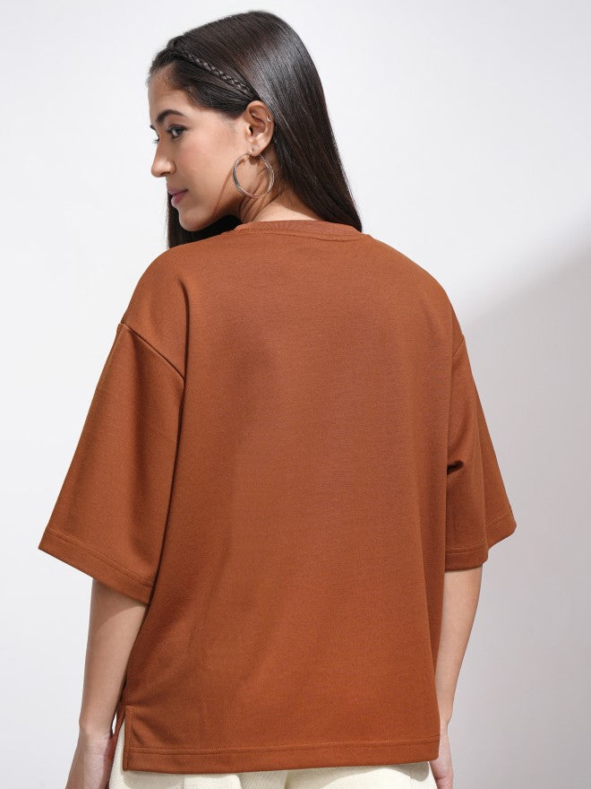 Tokyo Talkies Women Brown Solid Round Neck T-Shirt - Brown - Image 3