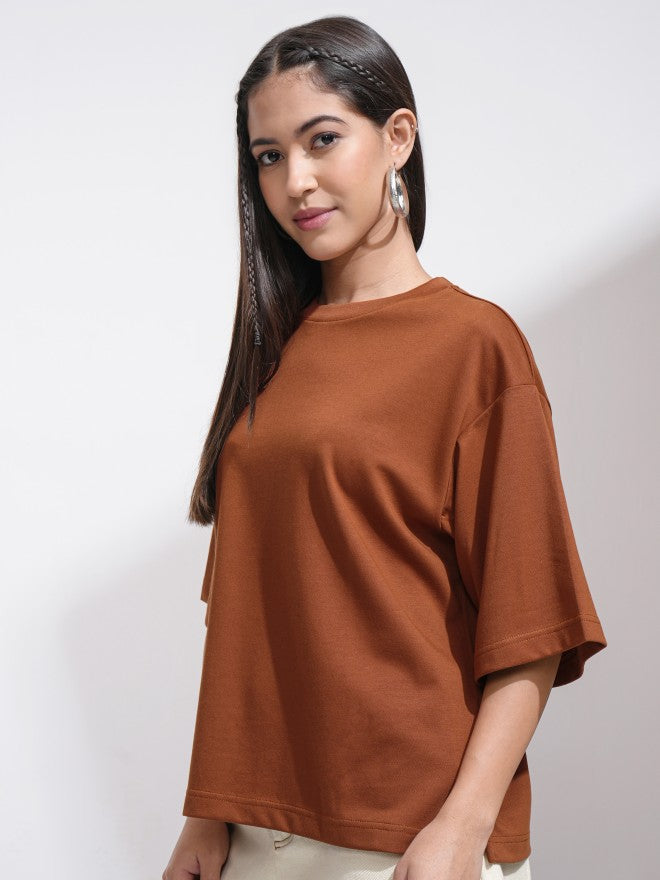 Tokyo Talkies Women Brown Solid Round Neck T-Shirt - Brown - Image 4