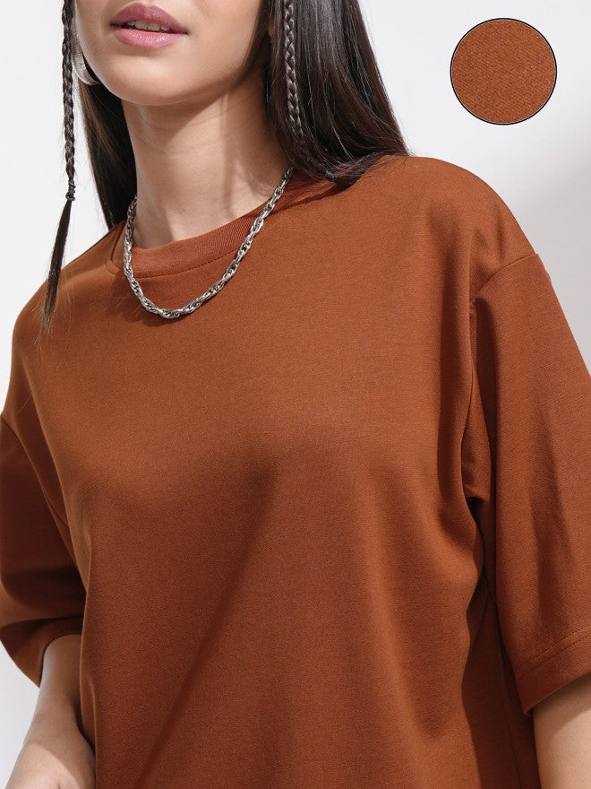 Tokyo Talkies Women Brown Solid Round Neck T-Shirt - Brown - Image 5