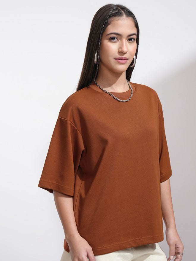 Tokyo Talkies Women Brown Solid Round Neck T-Shirt - Brown - Image 6