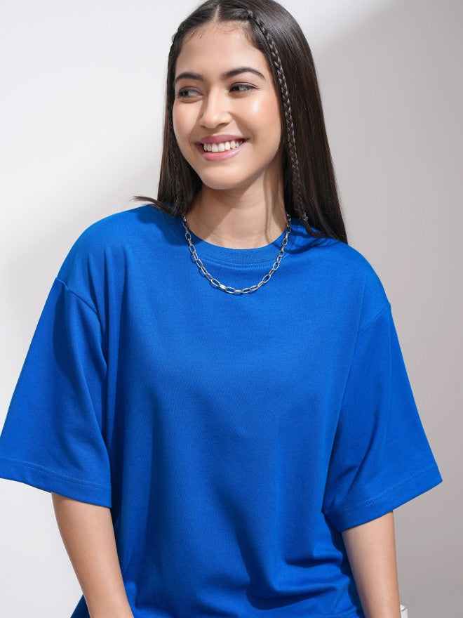 Tokyo Talkies Women Blue Solid Round Neck T-Shirt - Blue - Image 1