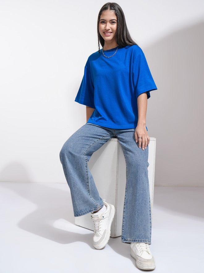 Tokyo Talkies Women Blue Solid Round Neck T-Shirt - Blue - Image 2