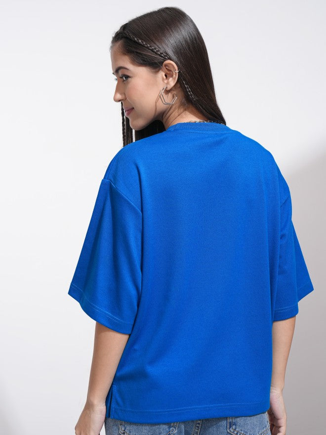 Tokyo Talkies Women Blue Solid Round Neck T-Shirt - Blue - Image 3