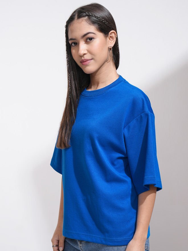Tokyo Talkies Women Blue Solid Round Neck T-Shirt - Blue - Image 4