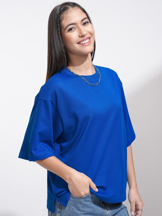 Tokyo Talkies Women Blue Solid Round Neck T-Shirt - Blue - Image 6