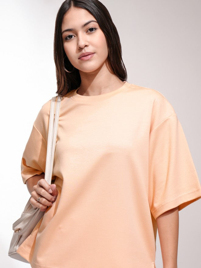 Tokyo Talkies Women Peach Solid Oversized Fit T-Shirt - Peach - Image 1