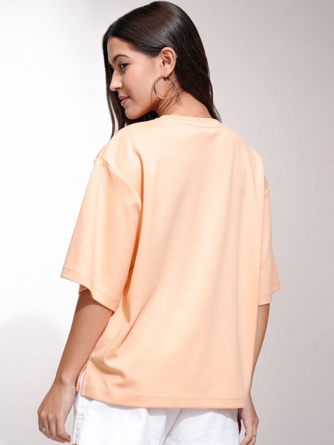 Tokyo Talkies Women Peach Solid Oversized Fit T-Shirt - Peach - Image 3