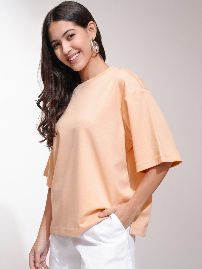 Tokyo Talkies Women Peach Solid Oversized Fit T-Shirt - Peach - Image 4