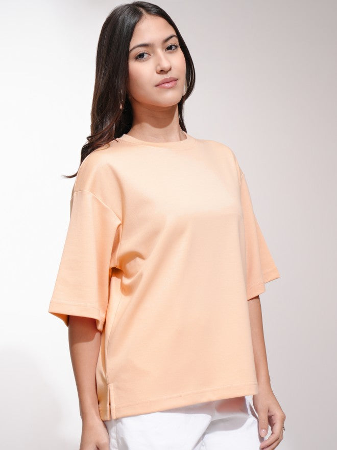 Tokyo Talkies Women Peach Solid Oversized Fit T-Shirt - Peach - Image 6