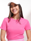 Tokyo Talkies Women Pink Solid Round Neck T-Shirt - Pink - Image 1