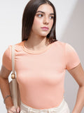 Tokyo Talkies Women Peach Solid Round Neck T-Shirt - Peach - Image 1