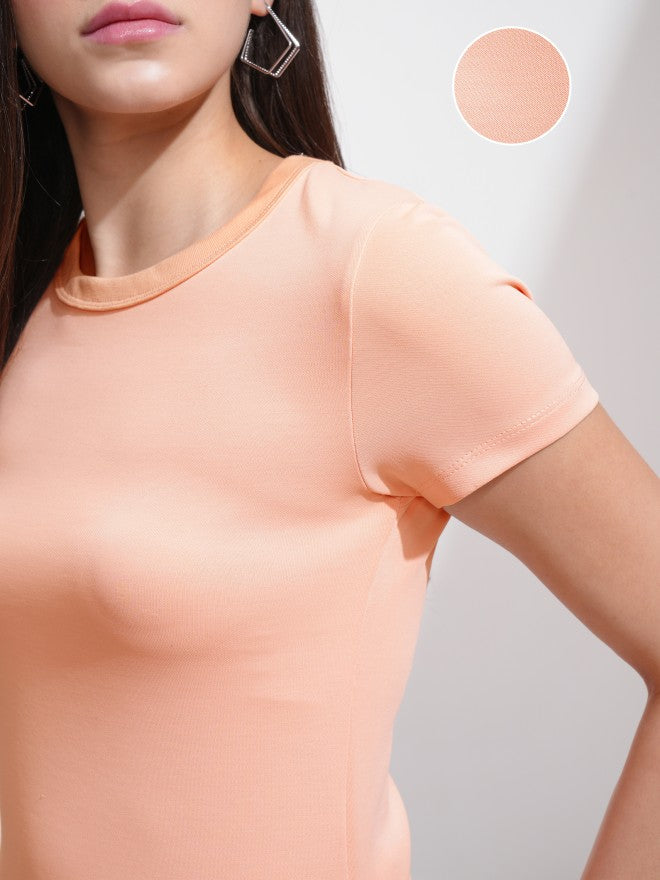 Tokyo Talkies Women Peach Solid Round Neck T-Shirt - Peach - Image 5
