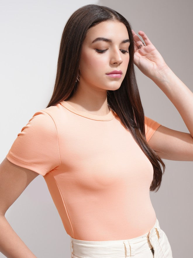 Tokyo Talkies Women Peach Solid Round Neck T-Shirt - Peach - Image 6
