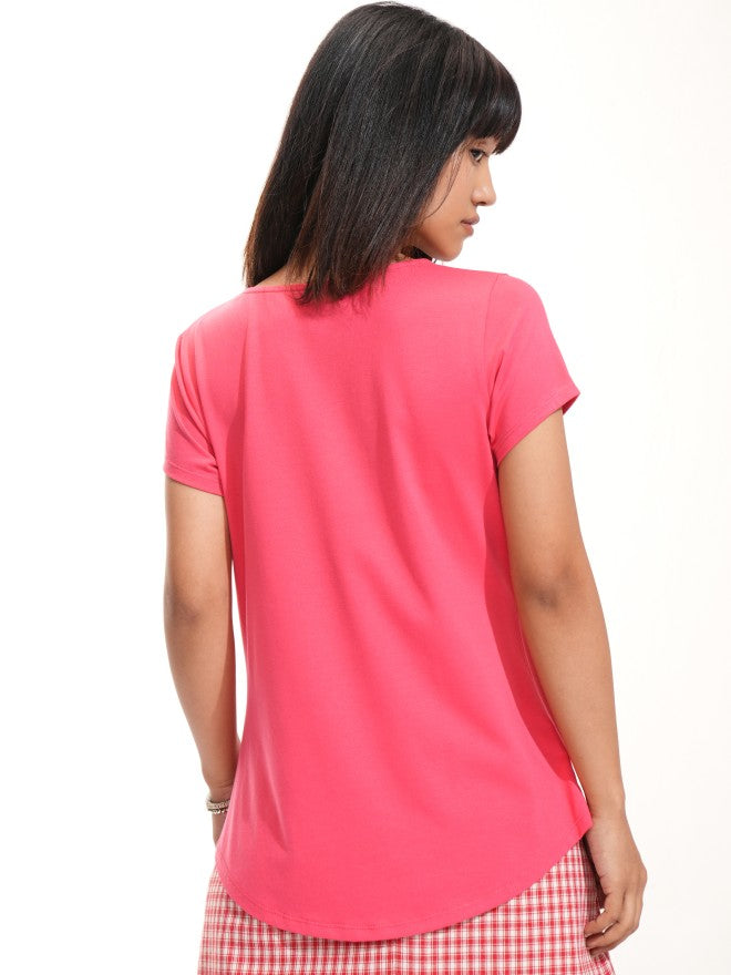 Tokyo Talkies Women Pink Solid Round Neck T-Shirt - Pink - Image 3
