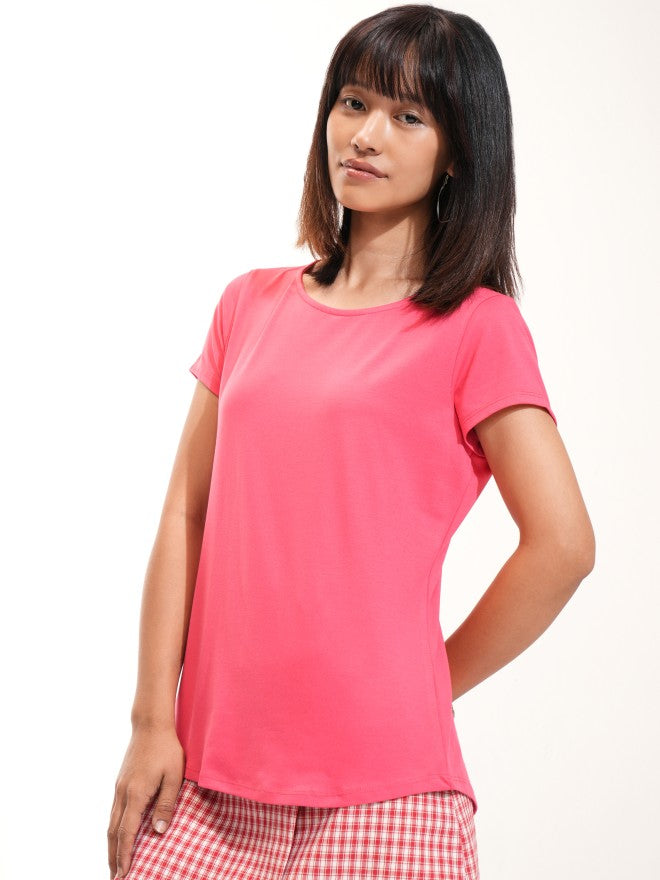 Tokyo Talkies Women Pink Solid Round Neck T-Shirt - Pink - Image 4