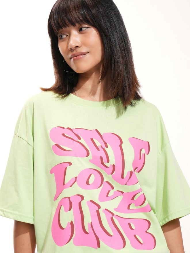 Tokyo Talkies Women Green Printed Round Neck Oversized Fit T-Shirt - Green - Image 1