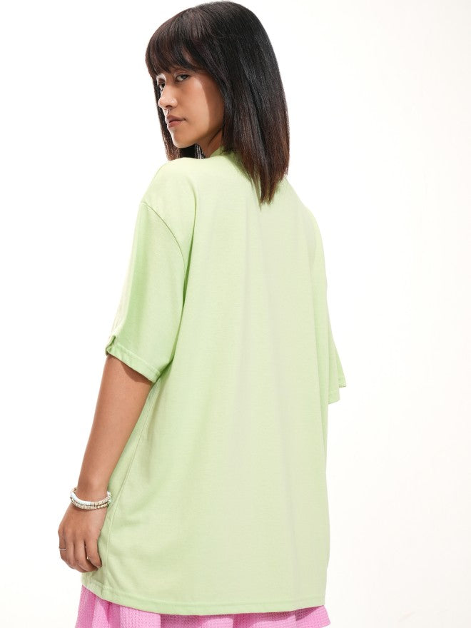 Tokyo Talkies Women Green Printed Round Neck Oversized Fit T-Shirt - Green - Image 3