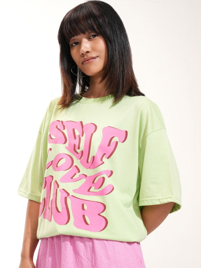 Tokyo Talkies Women Green Printed Round Neck Oversized Fit T-Shirt - Green - Image 4