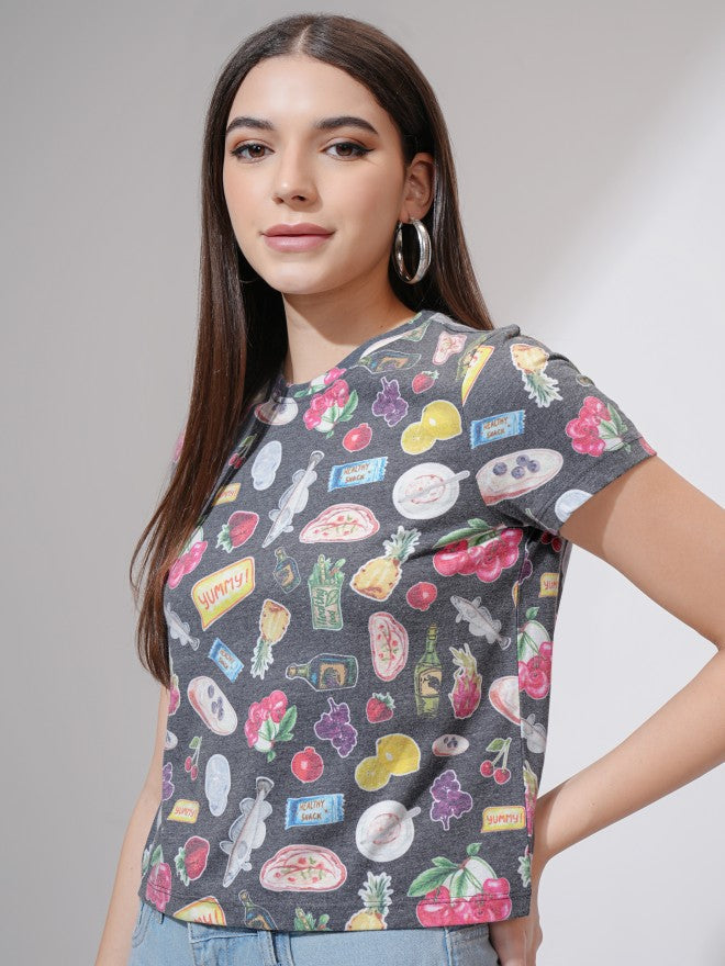 Tokyo Talkies Women Black Printed Round Neck T-Shirt - Black - Image 4