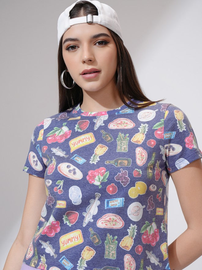 Tokyo Talkies Women Navy Blue Printed Round Neck T-Shirt - Navy Blue - Image 1