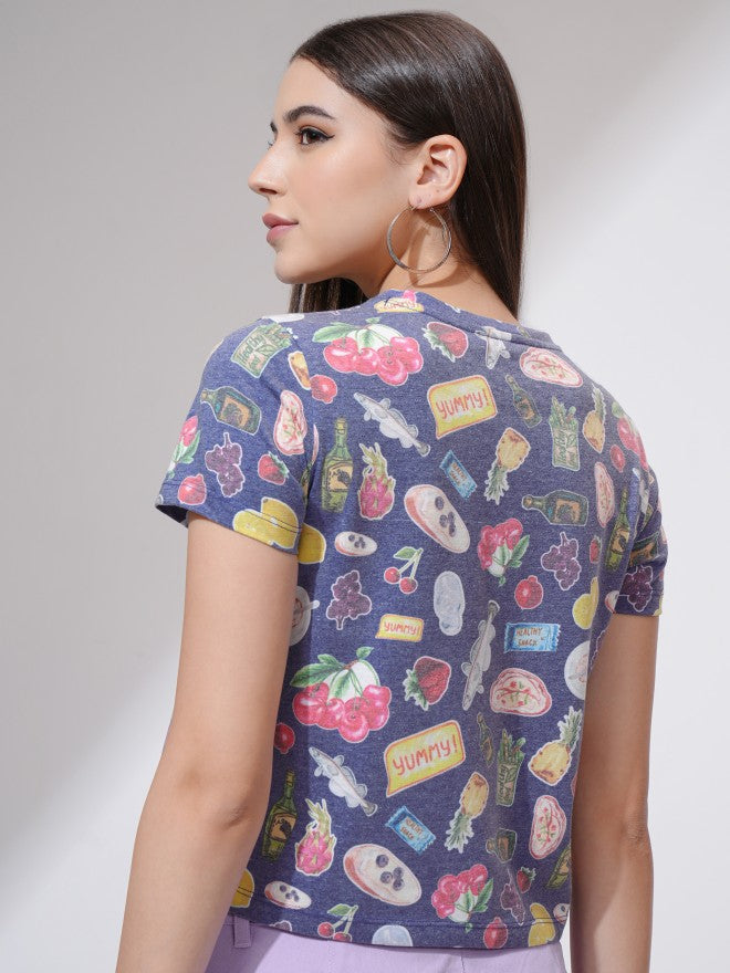 Tokyo Talkies Women Navy Blue Printed Round Neck T-Shirt - Navy Blue - Image 3