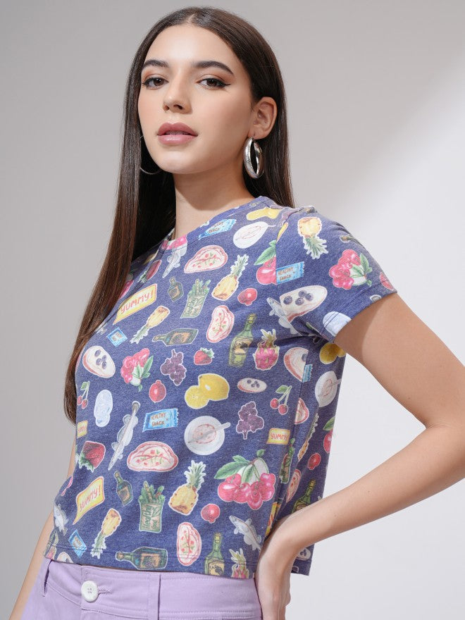 Tokyo Talkies Women Navy Blue Printed Round Neck T-Shirt - Navy Blue - Image 4