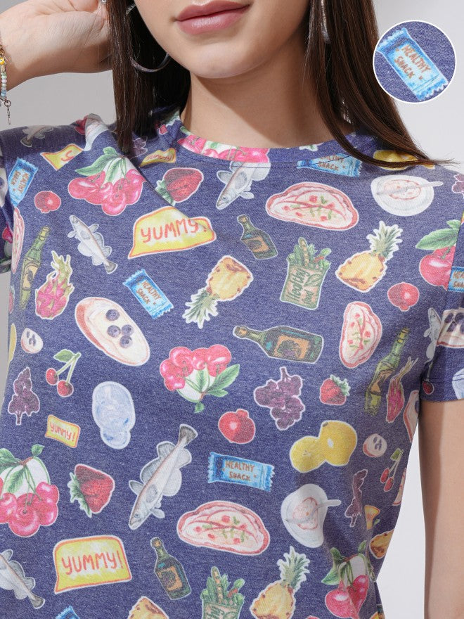 Tokyo Talkies Women Navy Blue Printed Round Neck T-Shirt - Navy Blue - Image 5