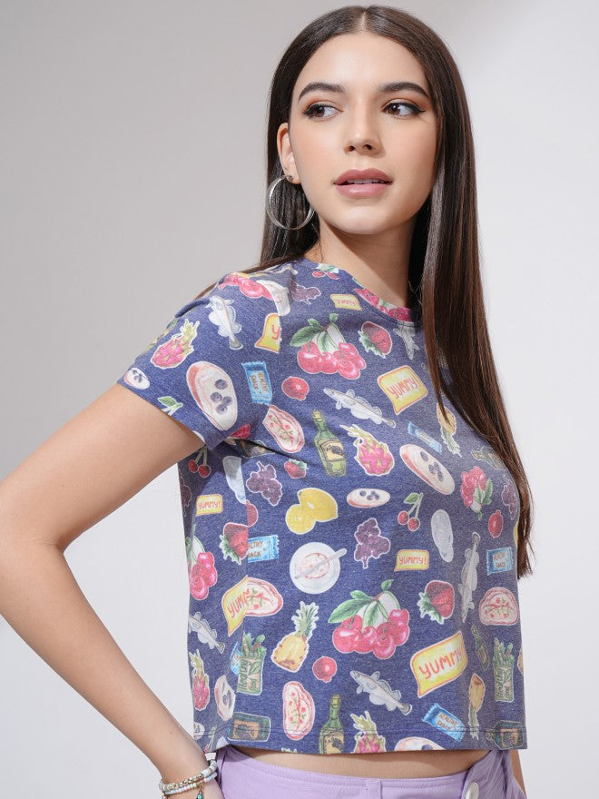 Tokyo Talkies Women Navy Blue Printed Round Neck T-Shirt - Navy Blue - Image 6