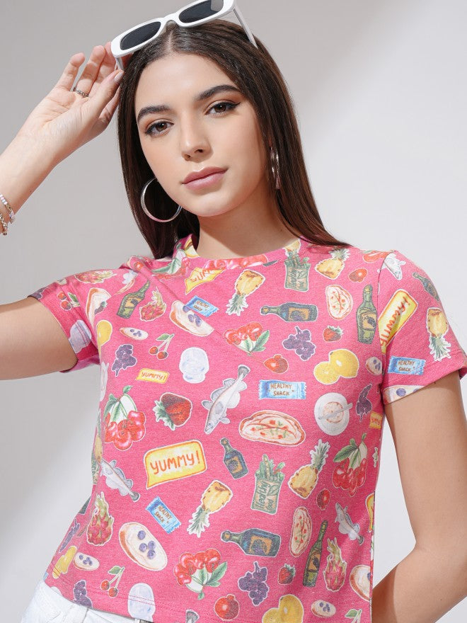 Tokyo Talkies Women Pink Printed Round Neck T-Shirt - Pink - Image 1