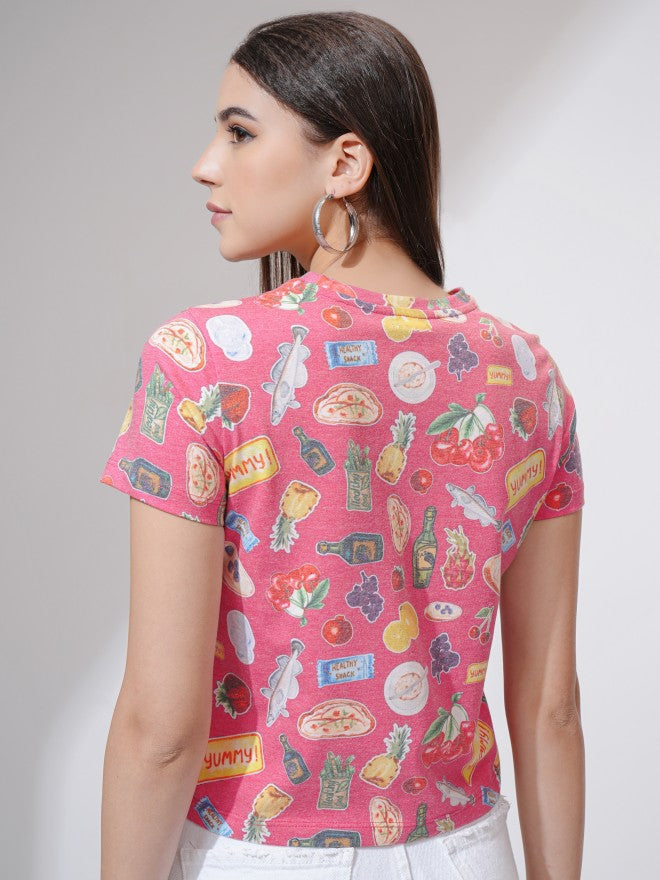 Tokyo Talkies Women Pink Printed Round Neck T-Shirt - Pink - Image 3