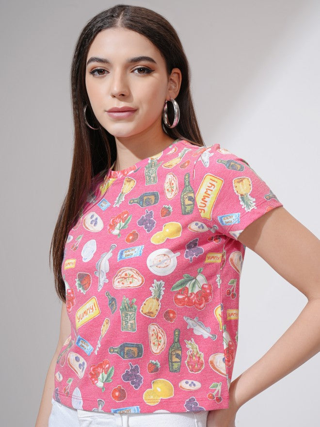 Tokyo Talkies Women Pink Printed Round Neck T-Shirt - Pink - Image 4