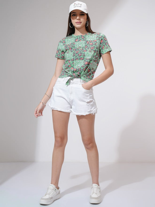 Tokyo Talkies Women Green Printed Round Neck T-Shirt - Green - Image 2