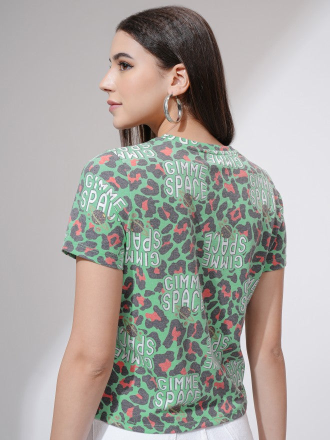 Tokyo Talkies Women Green Printed Round Neck T-Shirt - Green - Image 3