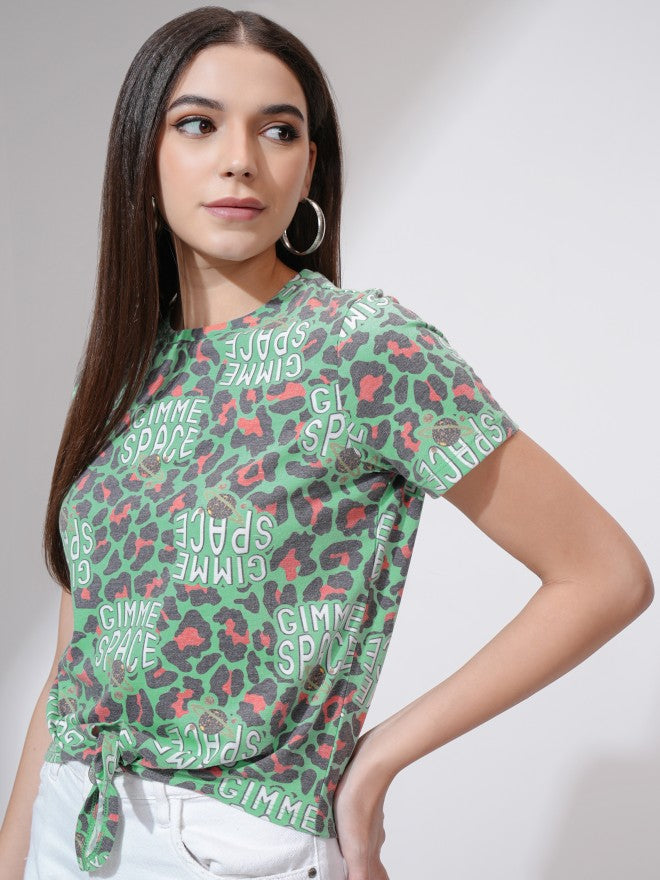 Tokyo Talkies Women Green Printed Round Neck T-Shirt - Green - Image 4