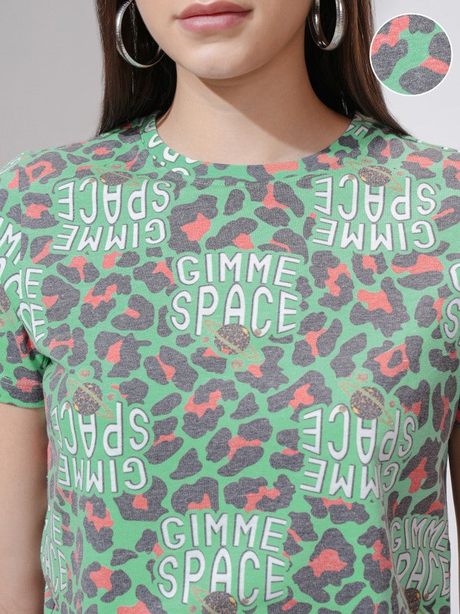 Tokyo Talkies Women Green Printed Round Neck T-Shirt - Green - Image 5