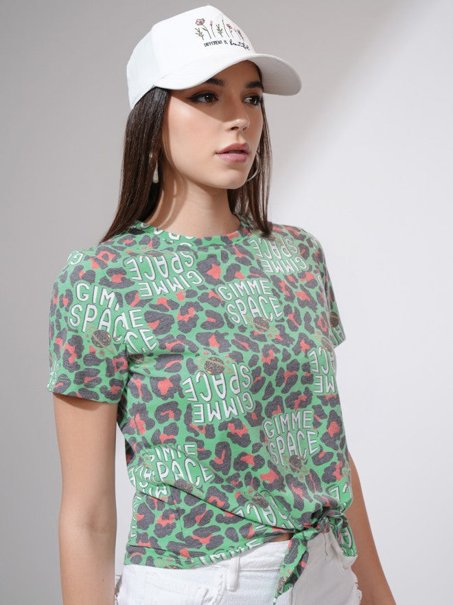 Tokyo Talkies Women Green Printed Round Neck T-Shirt - Green - Image 6