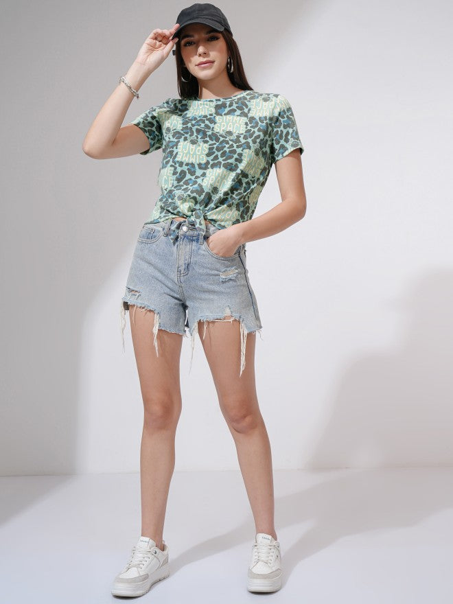 Tokyo Talkies Women Teal Printed Round Neck T-Shirt - Teal - Image 2