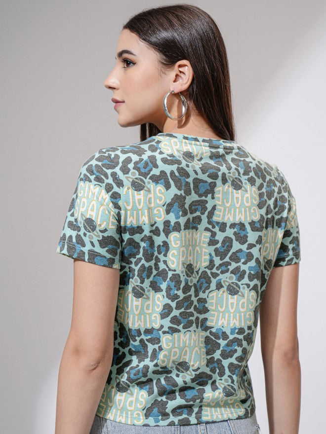 Tokyo Talkies Women Teal Printed Round Neck T-Shirt - Teal - Image 3
