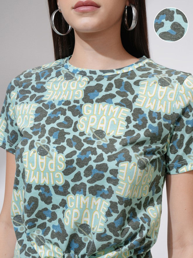 Tokyo Talkies Women Teal Printed Round Neck T-Shirt - Teal - Image 5