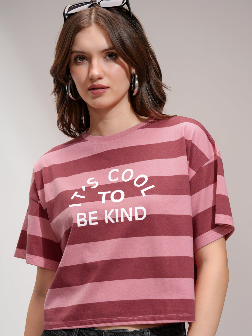 Tokyo Talkies Women Peach Striped Round Neck T-Shirt - Peach - Image 1