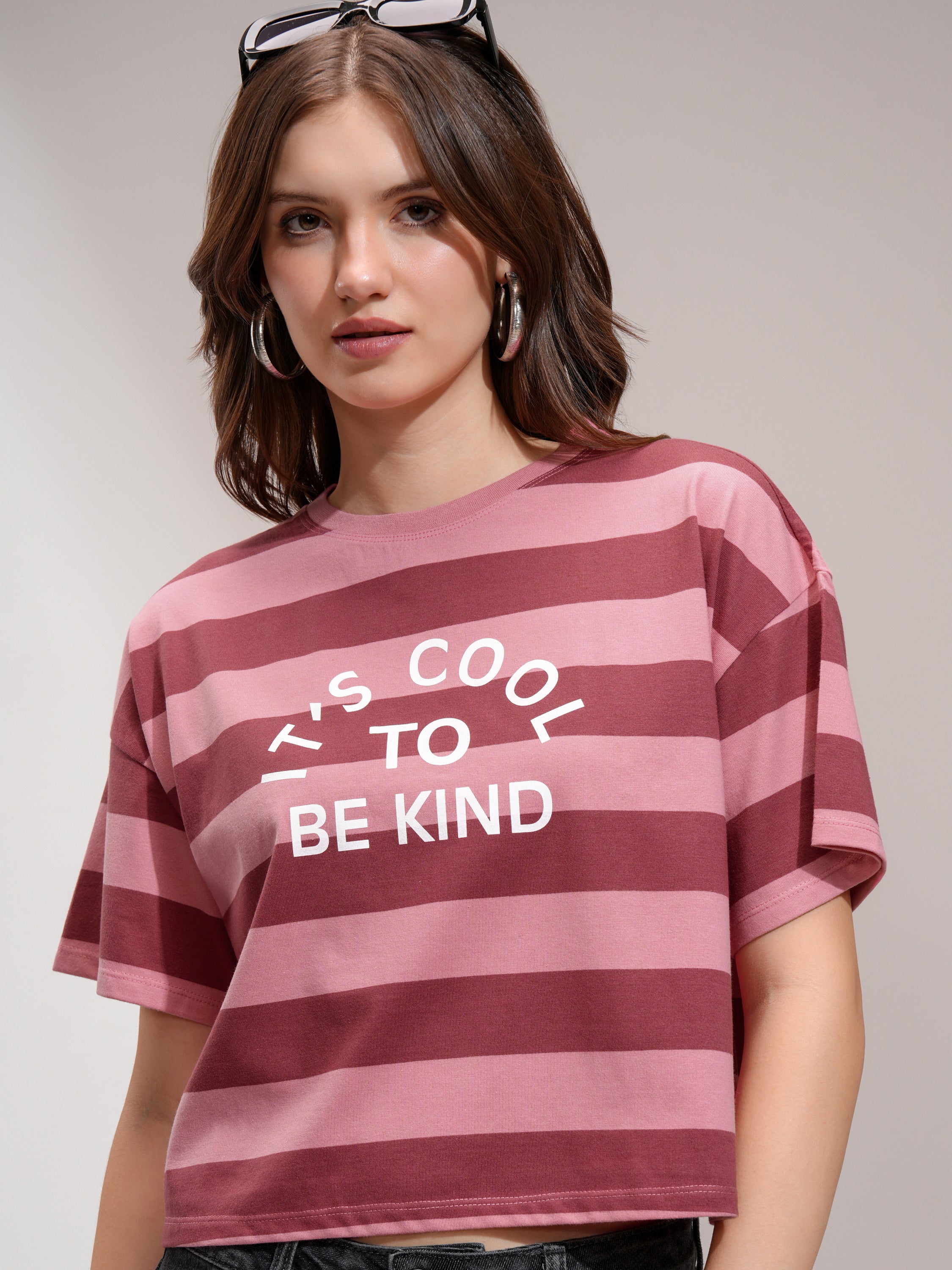 Tokyo Talkies Women Peach Striped Round Neck T-Shirt - Peach - Image 1