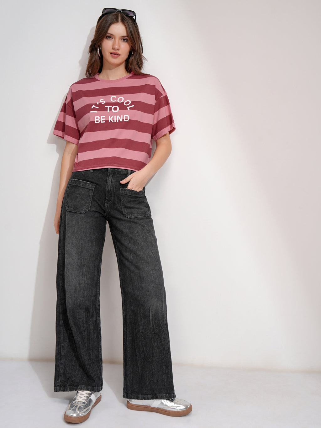 Tokyo Talkies Women Peach Striped Round Neck T-Shirt - Peach - Image 2