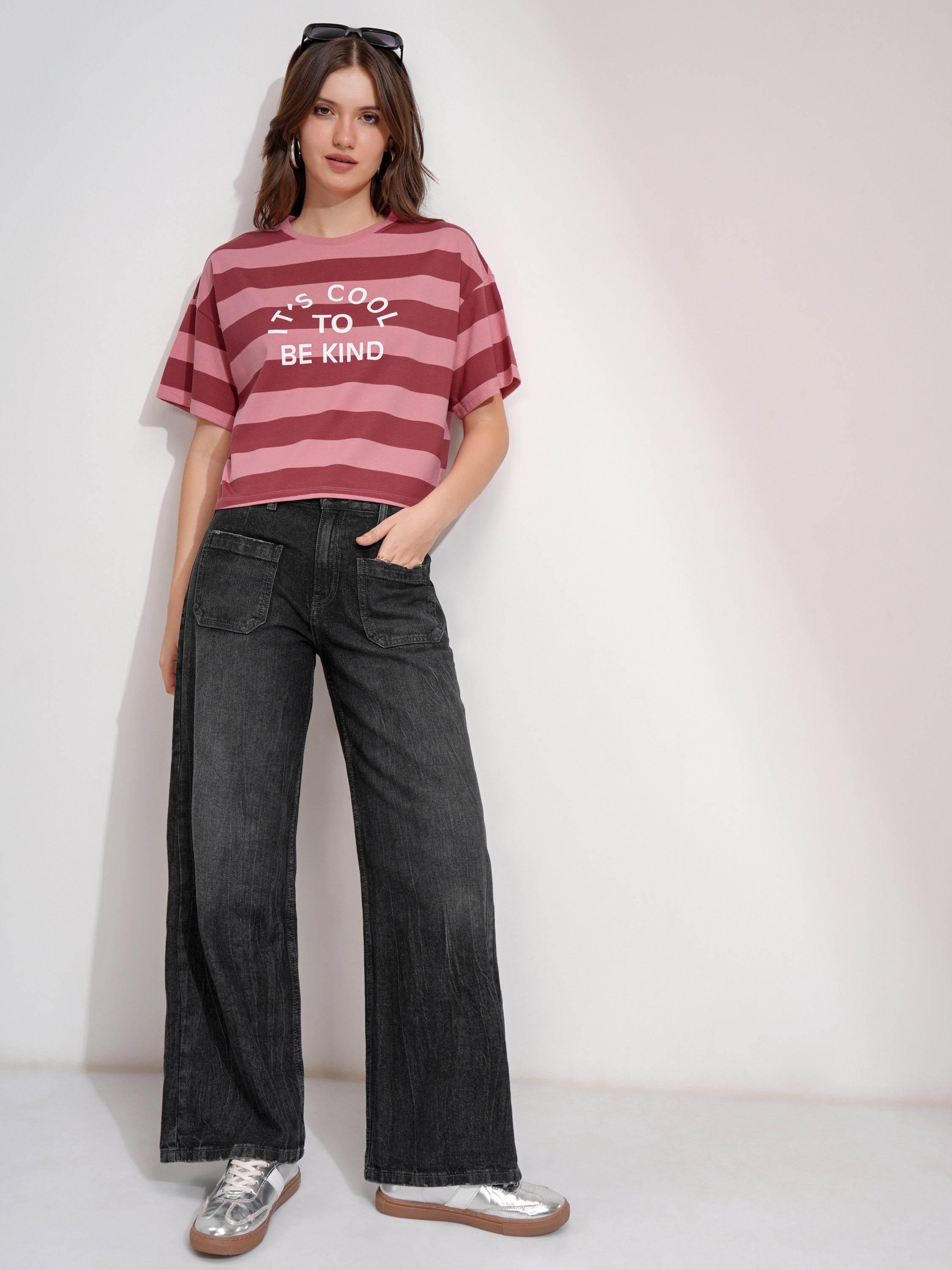 Tokyo Talkies Women Peach Striped Round Neck T-Shirt - Peach - Image 2