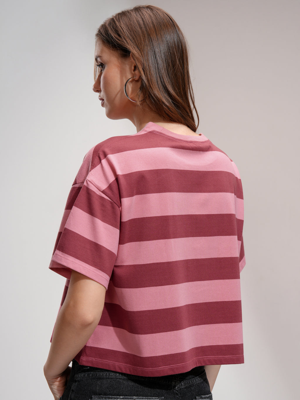 Tokyo Talkies Women Peach Striped Round Neck T-Shirt - Peach - Image 3