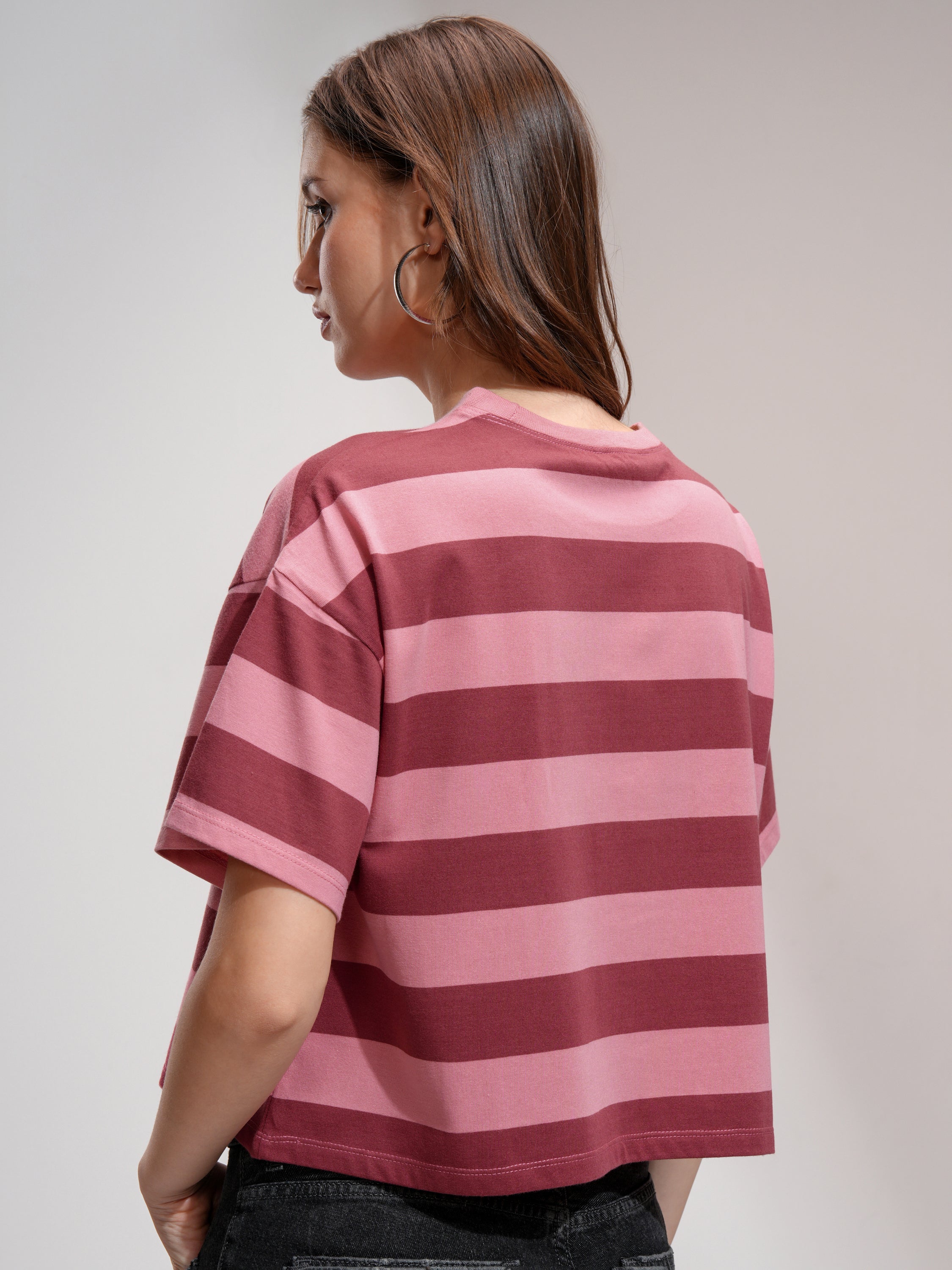 Tokyo Talkies Women Peach Striped Round Neck T-Shirt - Peach - Image 3